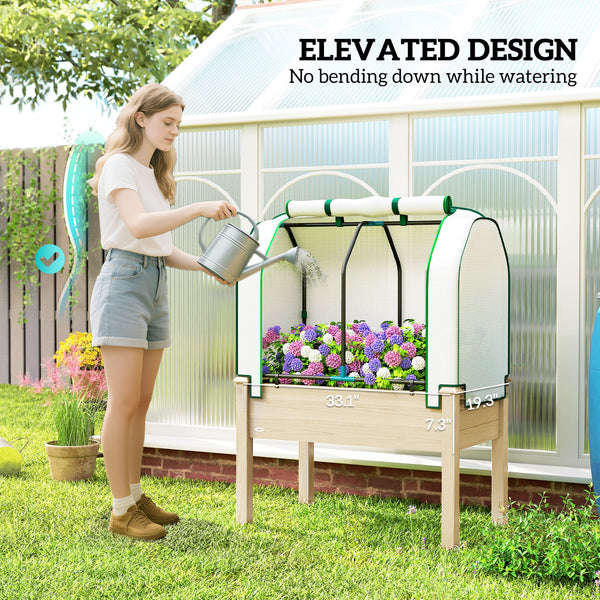 Raised Garden Bed with PE Greenhouse Cover Outdoor Elevated Wood Planter Box for Herbs and Vegetables, Use for Patio, Backyard, Balcony, 35 x 22 x 47 inch, Natural