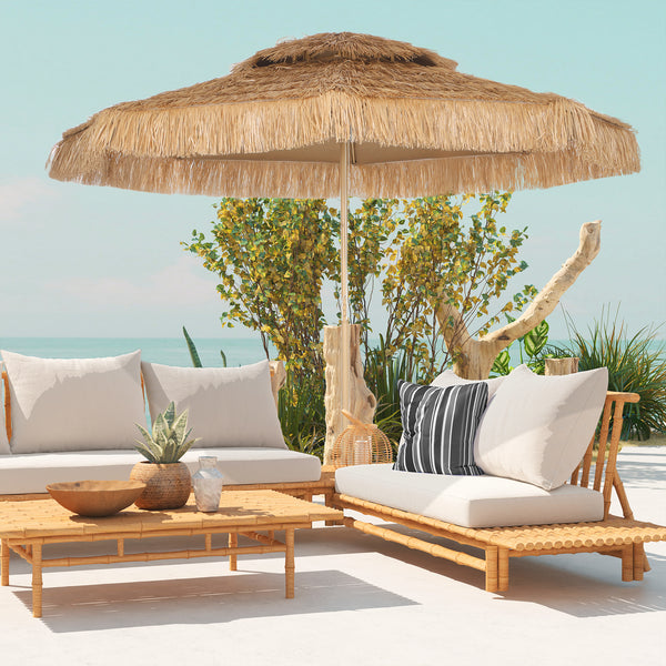 10FT Hula Thatched Tiki Patio Umbrella, 2-Tier Tropical Hawaiian Style Outdoor Umbrella with 8 Ribs, UPF30+, for Garden, Backyard, Deck, Pool, Natural
