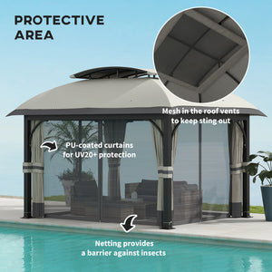  11' x 13' Patio Gazebo, Double Roof Outdoor Gazebo Canopy Shelter with Netting & Curtains, Galvanized Metal Frame for Garden, Lawn, Backyard and Deck, Light Grey