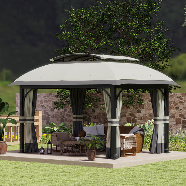  11' x 13' Patio Gazebo, Double Roof Outdoor Gazebo Canopy Shelter with Netting & Curtains, Galvanized Metal Frame for Garden, Lawn, Backyard and Deck, Light Grey