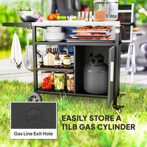 Outdoor BBQ Trolley with Foldable Side Table, Stainless Steel Top, Outdoor Kitchen with Wheels Hooks Shelves Cabinet, Pizza Oven Table Movable Outdoor Grill Dining Cart with Cover, Black