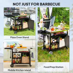 Outdoor BBQ Trolley with Foldable Side Table, Stainless Steel Top, Outdoor Kitchen with Wheels Hooks Shelves Cabinet, Pizza Oven Table Movable Outdoor Grill Dining Cart with Cover, Black
