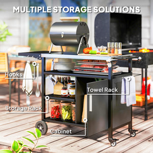 Outdoor BBQ Trolley with Foldable Side Table, Stainless Steel Top, Outdoor Kitchen with Wheels Hooks Shelves Cabinet, Pizza Oven Table Movable Outdoor Grill Dining Cart with Cover, Black