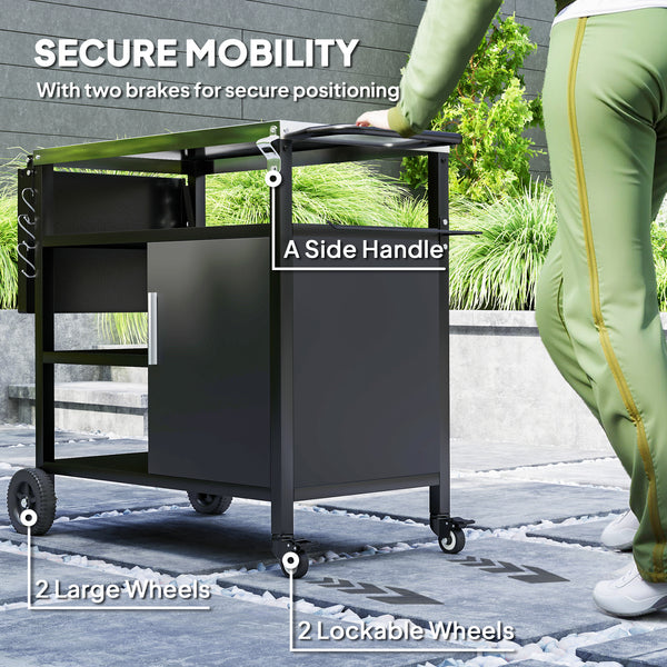 Outdoor BBQ Trolley with Foldable Side Table, Stainless Steel Top, Outdoor Kitchen with Wheels Hooks Shelves Cabinet, Pizza Oven Table Movable Outdoor Grill Dining Cart with Cover, Black