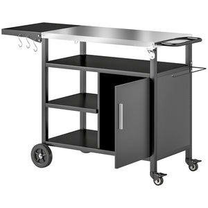Outdoor BBQ Trolley with Foldable Side Table, Stainless Steel Top, Outdoor Kitchen with Wheels Hooks Shelves Cabinet, Pizza Oven Table Movable Outdoor Grill Dining Cart with Cover, Black