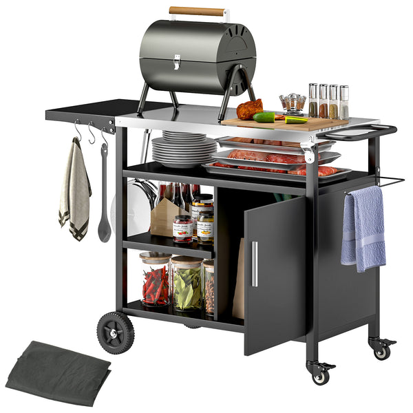 Outdoor BBQ Trolley with Foldable Side Table, Stainless Steel Top, Outdoor Kitchen with Wheels Hooks Shelves Cabinet, Pizza Oven Table Movable Outdoor Grill Dining Cart with Cover, Black