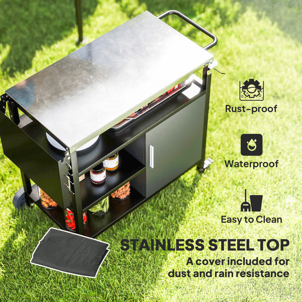 Outdoor BBQ Trolley with Foldable Side Table, Stainless Steel Top, Outdoor Kitchen with Wheels Hooks Shelves Cabinet, Pizza Oven Table Movable Outdoor Grill Dining Cart with Cover, Black