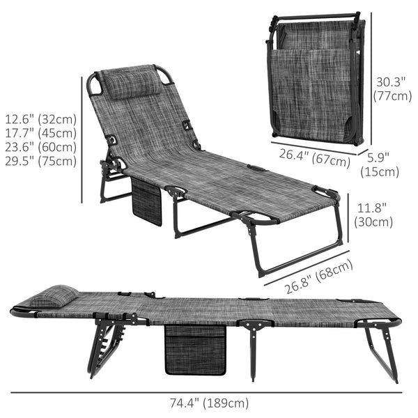 Folding Lounge Chair with 4-level Reclining Back, Outdoor Tanning Chair with Cushion, Sun Lounger with Breathable Mesh Fabric, Side Pocket, Headrest, Blue