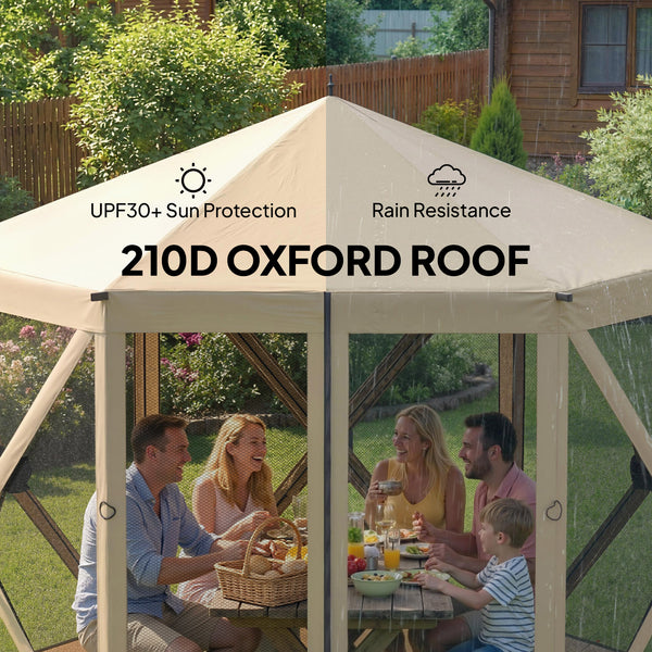10 x 11 ft Pop Up Gazebo Screen Tent, Outdoor Portable Instant Camping Canopy Screen House Sun Shelter with Mesh Nettings, Carry Bag, Ground Stakes, Ropes for Patio, Backyard, Beige