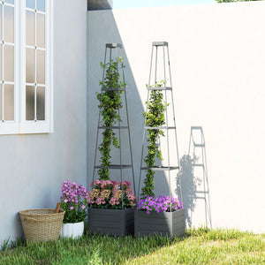 2 Pack Raised Garden Bed with Trellis, Plastic Outdoor Planter Box with Removable Drainage Tray, Tomato Cage for Climbing Plants, Vegetables, Flowers, 28 x 28 x 140 cm
