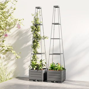 2 Pack Raised Garden Bed with Trellis, Plastic Outdoor Planter Box with Removable Drainage Tray, Tomato Cage for Climbing Plants, Vegetables, Flowers, 28 x 28 x 140 cm