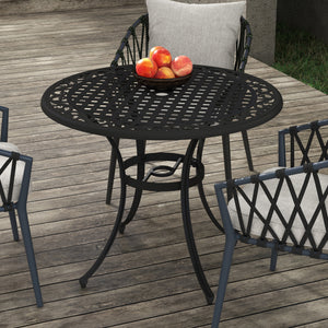 Garden Table with Parasol Hole, 90cm Round Outdoor Dining Table for 2-4, Cast Aluminium Bistro Coffee Table for Balcony - Black