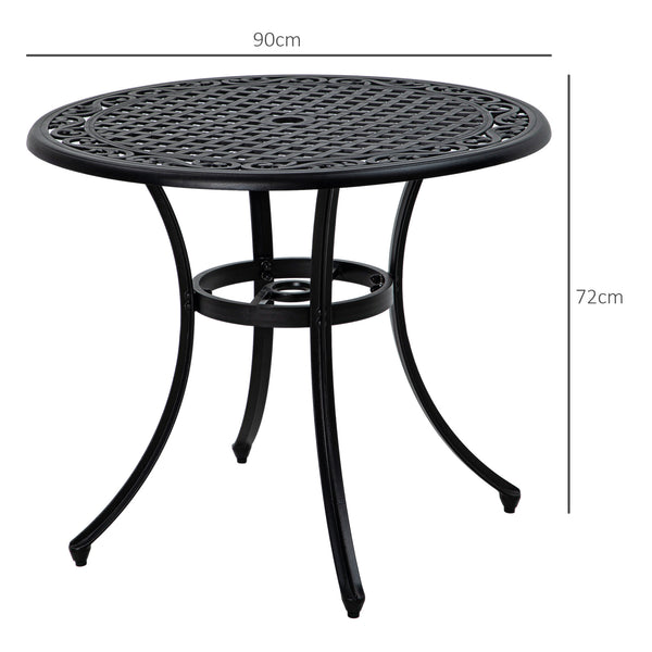 Garden Table with Parasol Hole, 90cm Round Outdoor Dining Table for 2-4, Cast Aluminium Bistro Coffee Table for Balcony - Black
