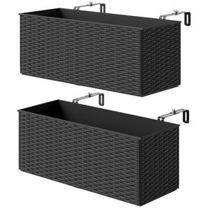 2 Pack Railing Planter Box, 20 Inch Hanging Flower Pots with Hooks and Drainage Hole, Rectangular Planters for Fence, Balcony, Garden, Patio, Rattan Look, Black