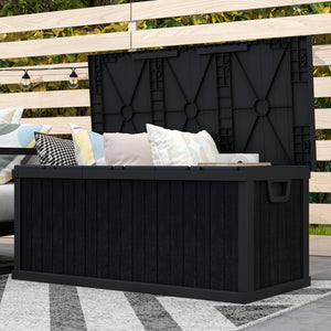 70 Gallon Deck Box, Resin Outdoor Storage Box with Handles, Waterproof and UV Resistant Storage Container for Garden Tools and Pool Supplies, Black