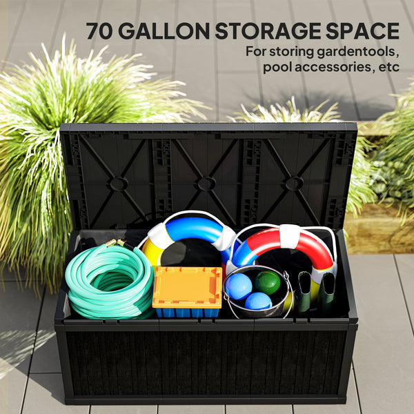 70 Gallon Deck Box, Resin Outdoor Storage Box with Handles, Waterproof and UV Resistant Storage Container for Garden Tools and Pool Supplies, Black