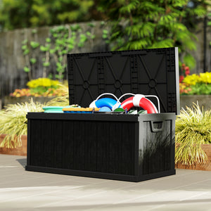 70 Gallon Deck Box, Resin Outdoor Storage Box with Handles, Waterproof and UV Resistant Storage Container for Garden Tools and Pool Supplies, Black