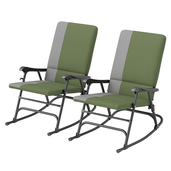 Folding Outdoor Rocking Chairs Set of 2, Oversized Outdoor Rocking Camping Chair with 400 lbs. Capacity, Wide Seat, Padded High Back for Patio, Porch, Garden, Dark Green