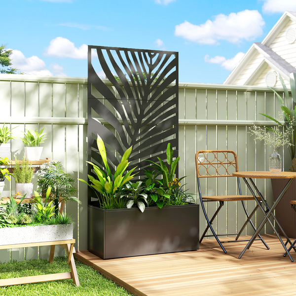Metal Planter Box with Trellis, 71" Tall Raised Garden Bed with Trellis Privacy Screen for Climbing Plants, Large Leaf Cut-Out Privacy Planter for Garden, Patio, Balcony