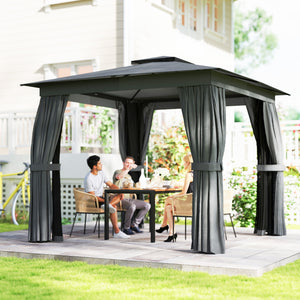 10' x 10' Outdoor Patio Gazebo, Soft Top Gazebo Canopy Shelter with Double Roof, Curtains, Netting, Steel Frame, UPF30+ Protection, Ceiling Hook for Lawn, Backyard, Deck, Dark Gray