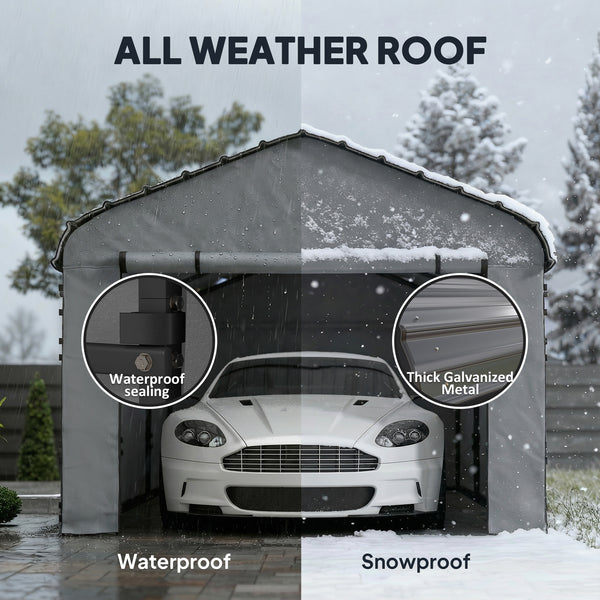 10' x 15' x 8' Heavy Duty Metal Carport, Waterproof Car Shelter Garage Canopy with Galvanized Metal Roof and Removable Sidewalls for Cars, Boats and Trucks, Light Grey