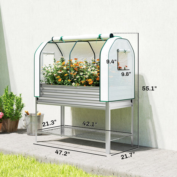 Galvanised Raised Garden Bed with Greenhouse Cover, Metal Elevated Garden Bed with Legs, Bed Liner and Bottom Shelf, Outdoor Raised Planter Box for Vegetables, Herbs, Flowers, Silver