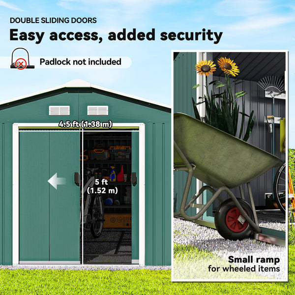 11' x 13' Garden Storage Shed with Foundation Kit, Metal Tool Storage House with Double Doors for Outdoor Patio Yard, Green