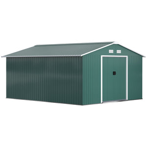 11' x 13' Garden Storage Shed with Foundation Kit, Metal Tool Storage House with Double Doors for Outdoor Patio Yard, Green