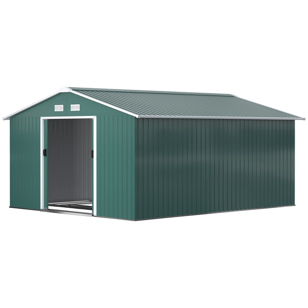 11' x 13' Garden Storage Shed with Foundation Kit, Metal Tool Storage House with Double Doors for Outdoor Patio Yard, Green