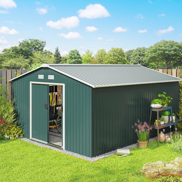 11' x 13' Garden Storage Shed with Foundation Kit, Metal Tool Storage House with Double Doors for Outdoor Patio Yard, Green