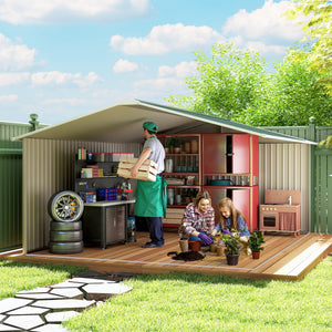 11' x 13' Garden Storage Shed with Foundation Kit, Metal Tool Storage House with Double Doors for Outdoor Patio Yard, Green