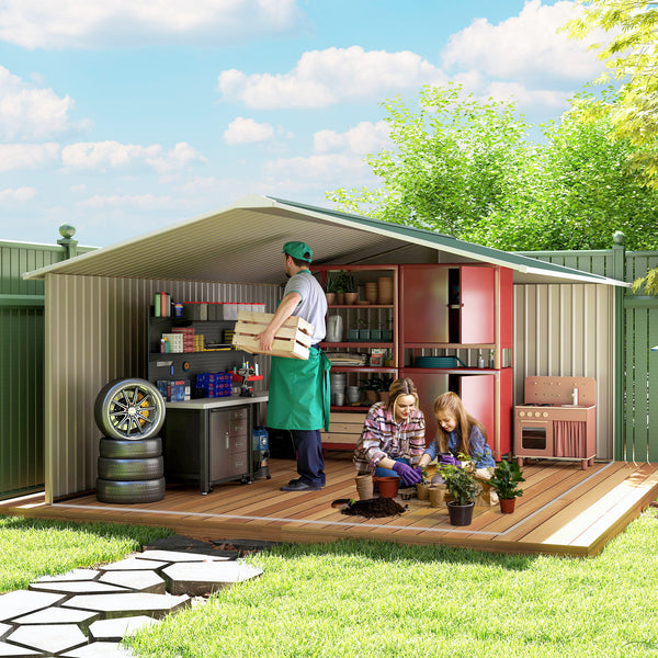 11' x 13' Garden Storage Shed with Foundation Kit, Metal Tool Storage House with Double Doors for Outdoor Patio Yard, Green