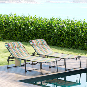 2 Piece Folding Chaise Lounge with 5-level Reclining Back, Tanning Chair with Face Hole, Outdoor Lounge Chair with Side Pocket & Headrest for Beach, Yard, Patio, Rainbow Striped
