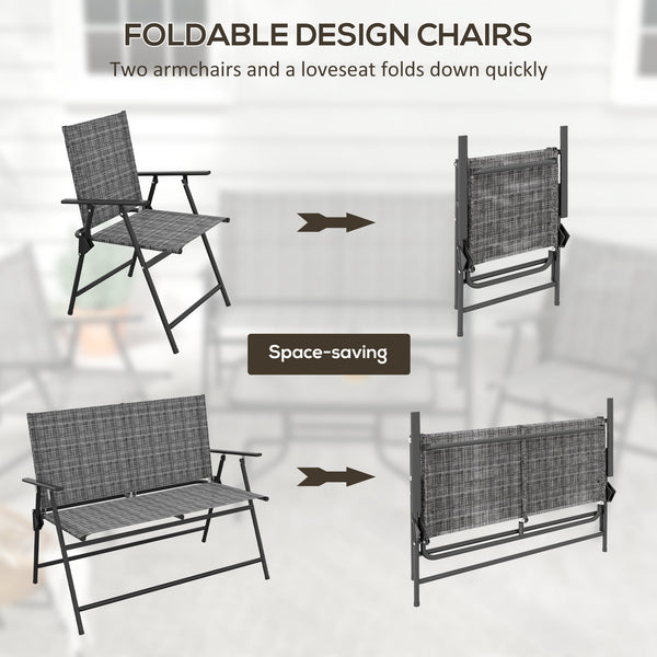 Outdoor 4 Pieces Patio Furniture Set with Breathable Mesh Fabric Seat & Backrest, Garden Set with Two Foldable Armchairs, a Loveseat & Glass Top Table, Mixed Grey