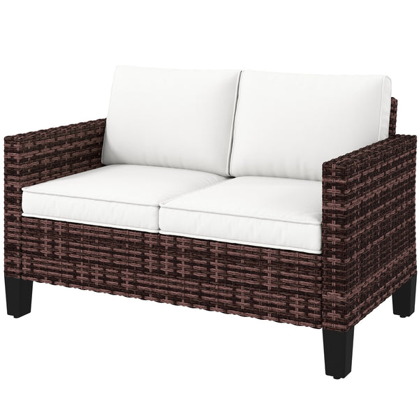 2 Seater Rattan Sofa with Cushions, Wicker Garden Loveseat with Armrests, Outdoor Garden Sofa Couch with Steel Frame for Balcony, Porch, Brown