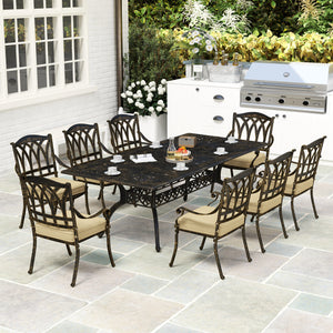 9 Pieces Cast Aluminium Garden Dining Set, 8 Seater Garden Table and Chairs with Parasol Hole, Outdoor Garden Furniture Set with Cushions for Patio, Bronze Tone