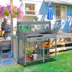 Potting Bench Table Garden Work Bench Workstation with Drawer, Removable Sink, Storage Shelves and Hooks for Patio, Courtyards, Balcony