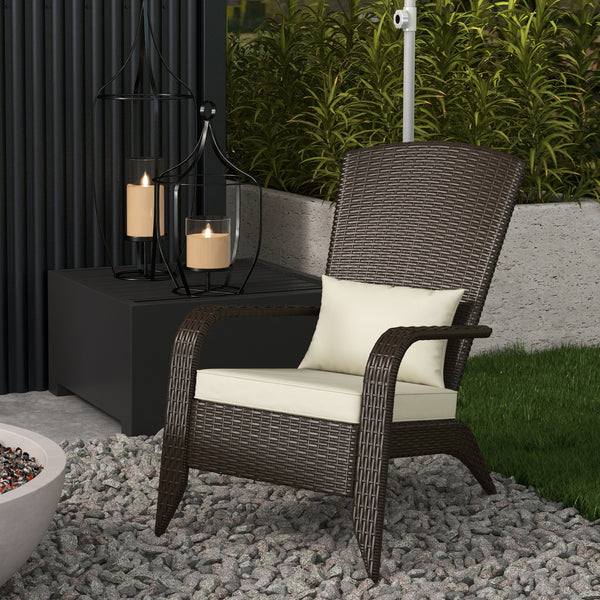 Patio Wicker Adirondack Chair, PE Rattan Outdoor Muskoka Chair, Fire Pit Chair with Cushions for Patio, Garden, Backyard, Poolside, Balcony, Deck, Khaki