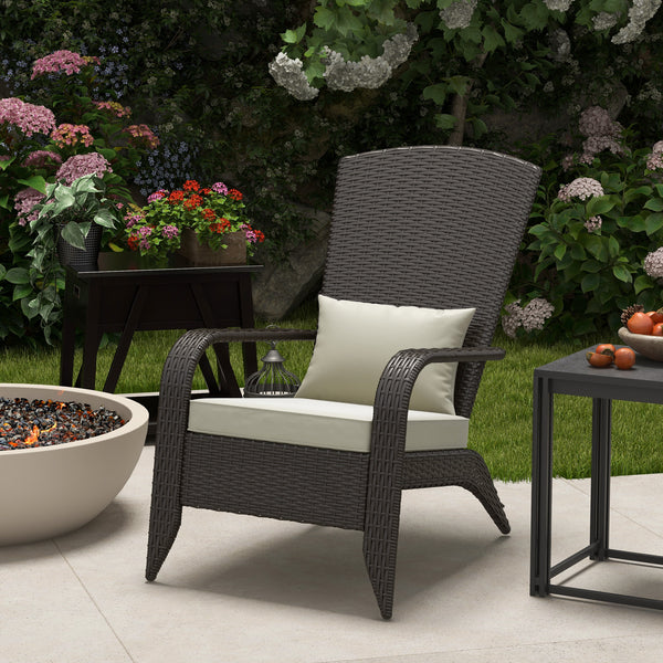 Patio Wicker Adirondack Chair, PE Rattan Outdoor Muskoka Chair, Fire Pit Chair with Cushions for Patio, Garden, Backyard, Poolside, Balcony, Deck, Khaki