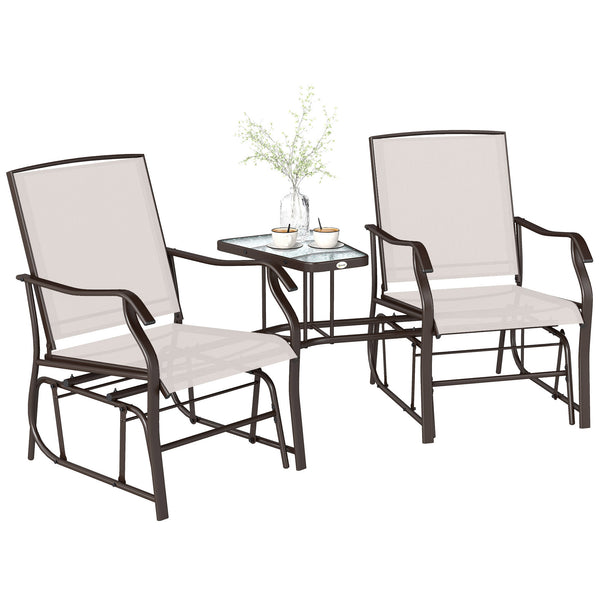 Outdoor Glider Chairs with Coffee Table, Patio 2-Seat Rocking Chair Swing Loveseat with Breathable Sling for Backyard, Garden, and Porch, Beige