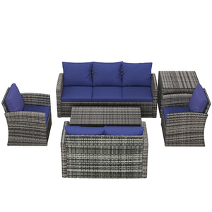 6 Pieces Rattan Garden Furniture Set, 7 Seater Wicker Outdoor Furniture Set with Storage Tea Table & Side Table, Sectional Garden Sofa Set with Cushions, Navy Blue