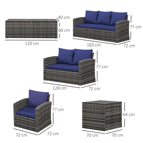6 Pieces Rattan Garden Furniture Set, 7 Seater Wicker Outdoor Furniture Set with Storage Tea Table & Side Table, Sectional Garden Sofa Set with Cushions, Navy Blue