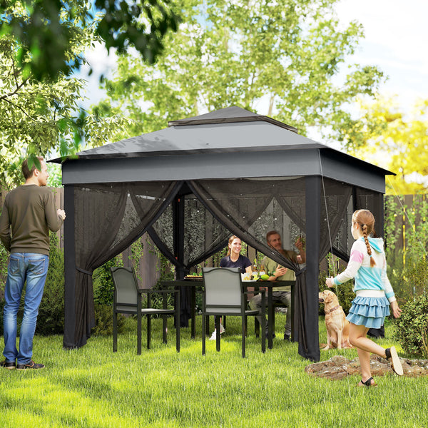 10.7 x 10.7ft Pop Up Camping Gazebo, Height Adjustable Instant Sun Shelter with UV30+ Roof Cover, Removable Mesh Curtains and Carrying Bag for Patio, Backyard, Dark Grey