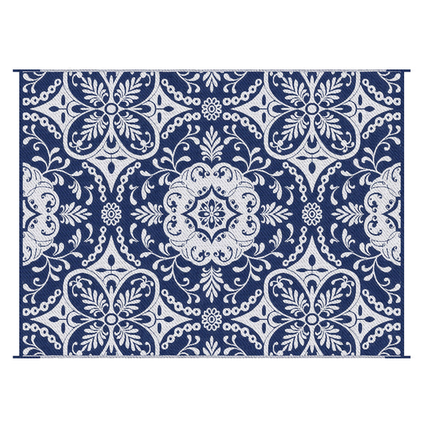 Outsunny Reversible Outdoor Rug, 9' x 12' Waterproof Plastic Straw Floor Mat, Portable RV Camping Carpet, Large Floor Mat for Backyard, Deck, Picnic, Beach, Blue & White Floral