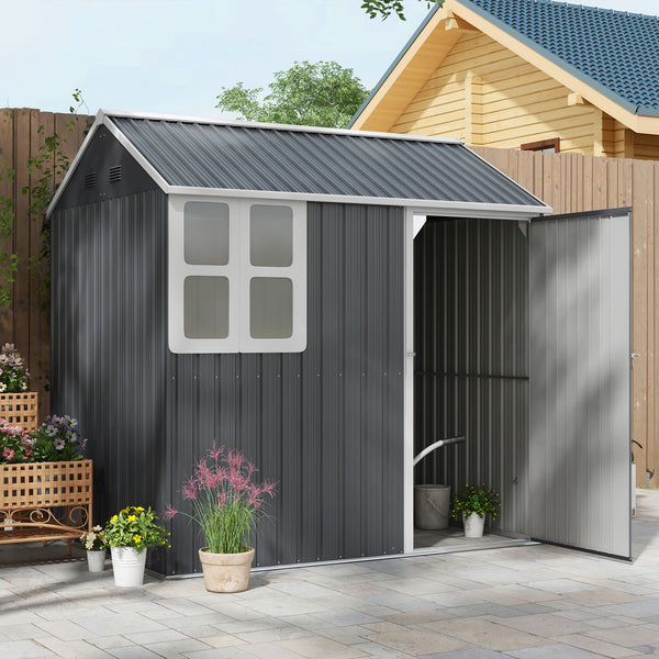 7 x 6 ft Garden Shed, Metal Shed with Single Door, Window and Air Vents, Galvanised Outdoor Lockable Tool Storage House, Dark Grey