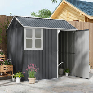 7' x 5.5' Outdoor Storage Shed, Metal Garden Shed Storage House with Window, Lockable Door, Vents, for Backyard, Patio, Lawn, Dark Grey