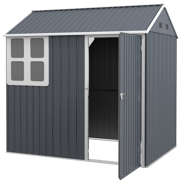 7 x 6 ft Garden Shed, Metal Shed with Single Door, Window and Air Vents, Galvanised Outdoor Lockable Tool Storage House, Dark Grey