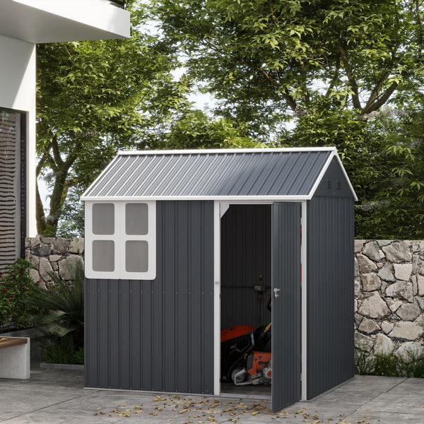 7' x 5.5' Outdoor Storage Shed, Metal Garden Shed Storage House with Window, Lockable Door, Vents, for Backyard, Patio, Lawn, Dark Grey