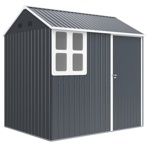 7' x 5.5' Outdoor Storage Shed, Metal Garden Shed Storage House with Window, Lockable Door, Vents, for Backyard, Patio, Lawn, Dark Grey