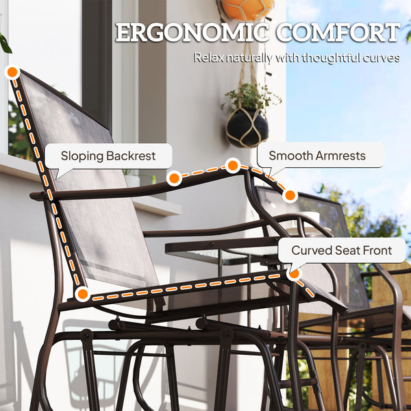 Double Patio Glider Chair with Glass Top Center Table, Outdoor Glider Loveseat with High Back,  All Weather Breathable Mesh Fabric for Garden, Backyard, Deck, Grey